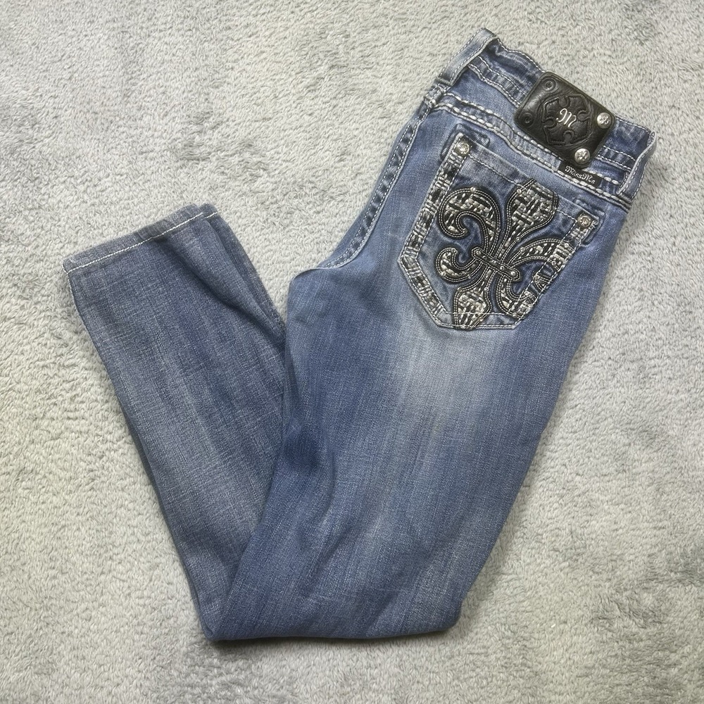 Miss Me Jeans Women's 31x29 Signature Skinny Fleur De Lis Faded Whiskers *HEMMED